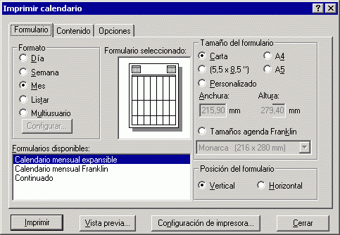 Recuadro de dilogo Imprimir calendario