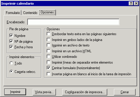 Recuadro de dilogo Imprimir calendario con la pestaa Opciones abierta