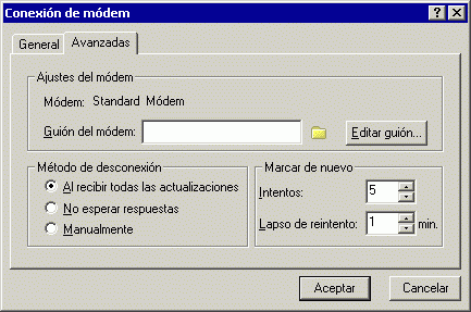Recuadro de dilogo Conexin de mdem con la pestaa Avanzadas abierta
