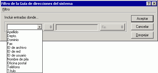Recuadro de dilogo Filtro de la Gua de direcciones del sistema