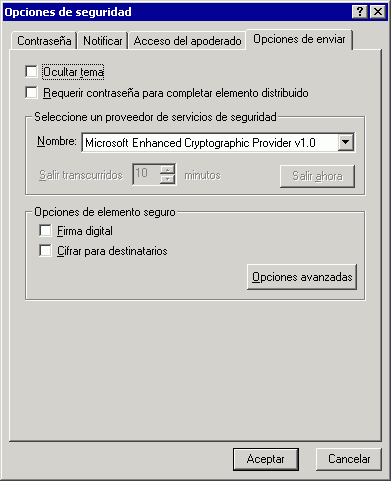 Recuadro de dilogo Seguridad con la pestaa Opciones de enviar abierta