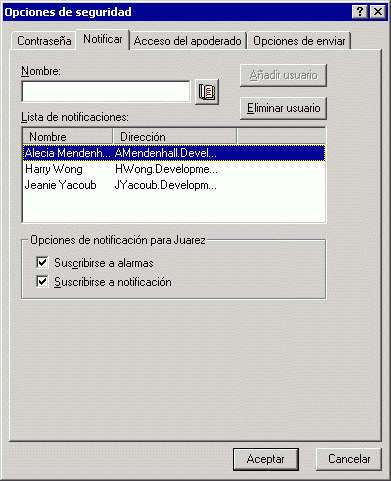Recuadro de dilogo Opciones de seguridad con la pestaa Notify abierta