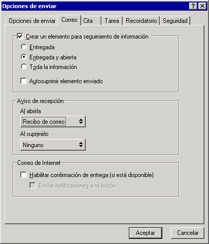 Recuadro de dilogo Opciones de enviar con la pestaa Correo abierta