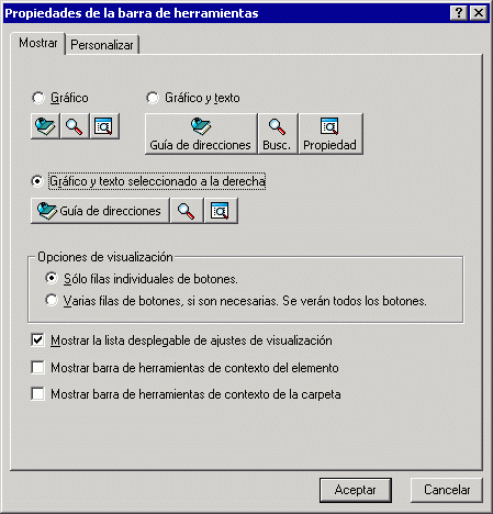 Recuadro de dilogo Propiedades de la barra de herramientas con la pestaa Mostrar abierta
