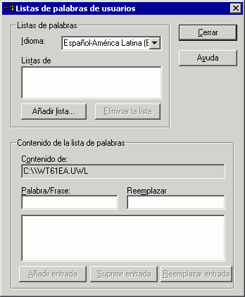 Recuadro de dilogo Listas de palabras de usuario