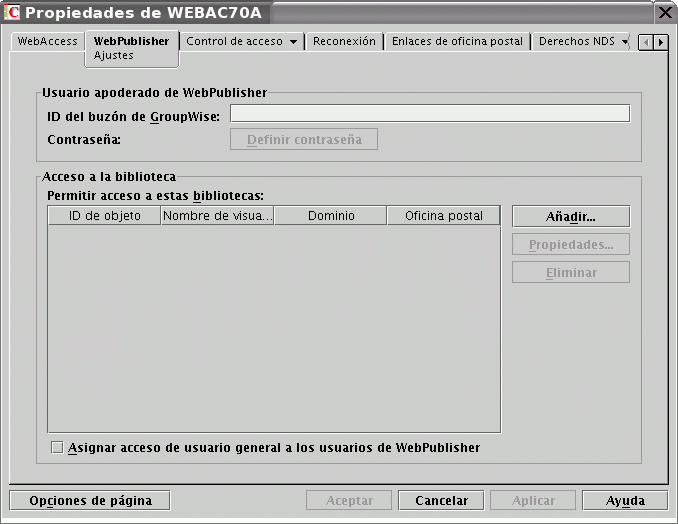 Página de propiedades de WebPublisher