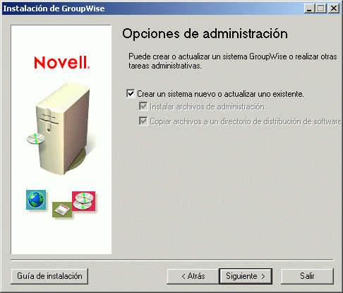 Página Opciones de administración