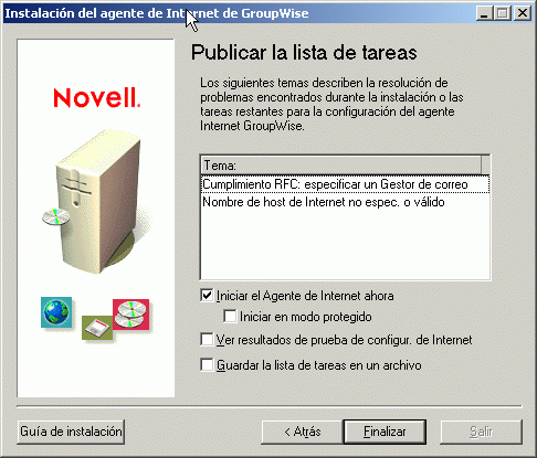 Página de lista de tareas posteriores a la instalación del Agente de Internet