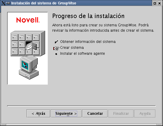 Recuadro de diálogo Progreso de la instalación: página Crear sistema