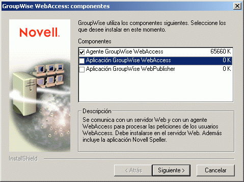 GroupWise WebAccess: Recuadro de diálogo Componentes