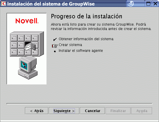 Recuadro de diálogo Progreso de la instalación: Página Crear sistema