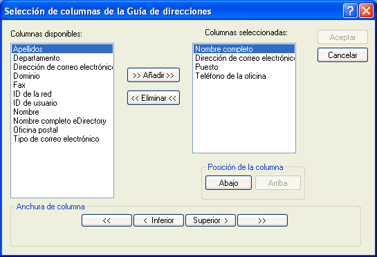 Recuadro de diálogo Selección de columnas de la Guía de direcciones