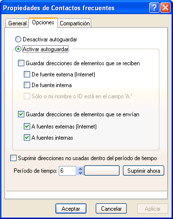 Recuadro de diálogo Propiedades de Contactos frecuentes con la pestaña Opciones abierta