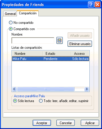 Recuadro de diálogo Propiedades de una guía de direcciones con la pestaña Compartición abierta