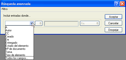 Recuadro de diálogo Búsqueda avanzada