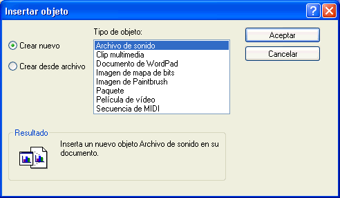 Recuadro de diálogo Insertar objeto