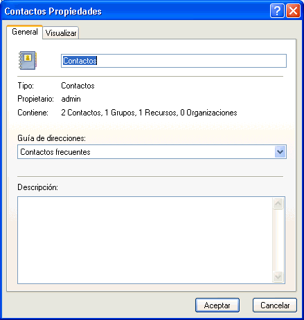 Recuadro de diálogo Propiedades de la carpeta Contactos
