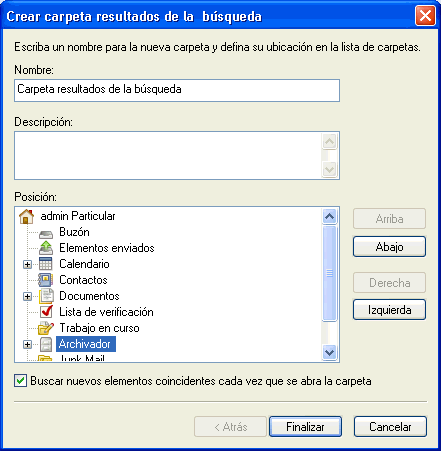 Recuadro de diálogo Crear carpeta resultados de la búsqueda