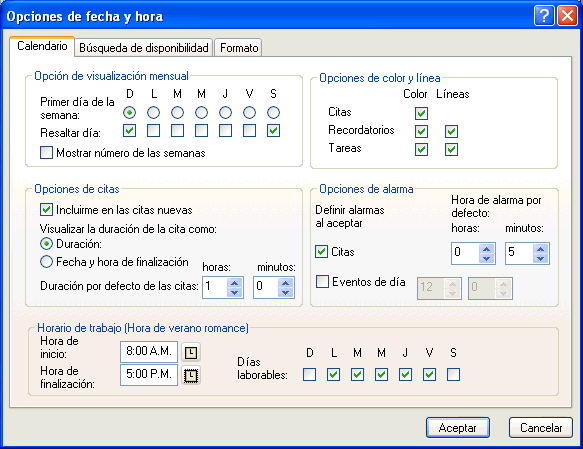 Recuadro de diálogo Opciones de fecha y hora con la pestaña Calendario abierta