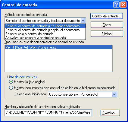 Recuadro de diálogo Control de entrada con la opción Someter al control de entrada y trasladar documento seleccionada en la lista desplegable