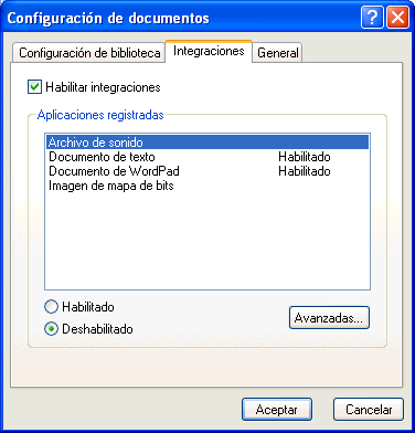 Recuadro de diálogo Configuración de documentos con la pestaña Integraciones abierta