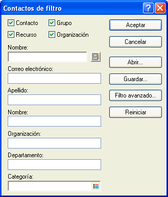 Recuadro de diálogo Contactos de filtro