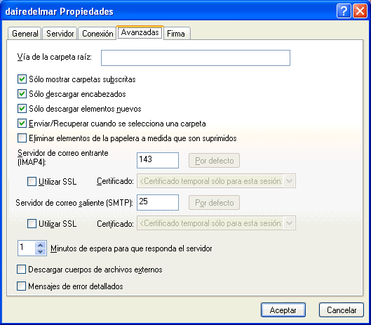 Recuadro de diálogo de propiedades de la cuenta IMAP con la pestaña Avanzadas abierta