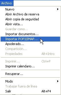 Vista Buzón con la opción Importar POP3/IMAP en el menú Archivo