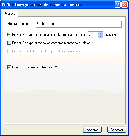 Recuadro de diálogo Definiciones generales de la cuenta Internet