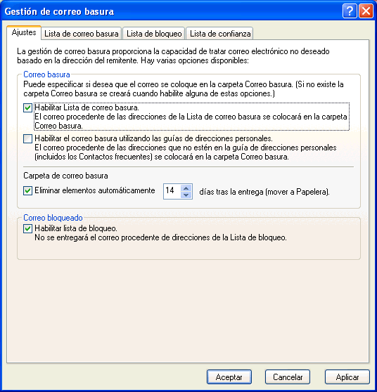 Recuadro de diálogo Gestión de correo basura con la pestaña Ajustes