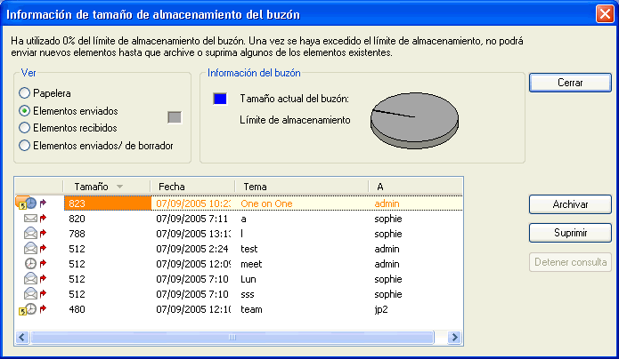 Recuadro de diálogo Información de tamaño de almacenamiento del buzón