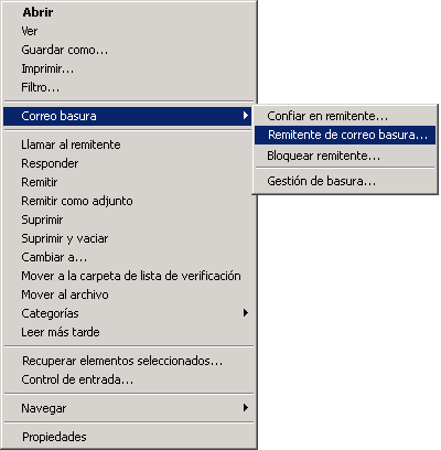 Menú con opciones de Correo basura