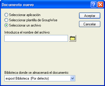 Recuadro de diálogo Documento nuevo con la opción Seleccionar un archivo habilitada