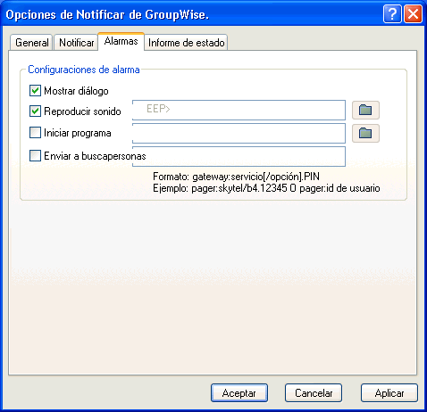 Recuadro de diálogo Opciones de notificación con la pestaña Alarmas abierta