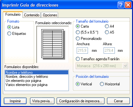 Recuadro de diálogo Imprimir Guía de direcciones