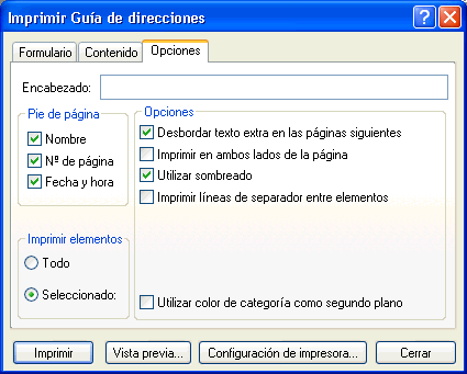 Recuadro de diálogo Imprimir Guía de direcciones con la pestaña Opciones abierta