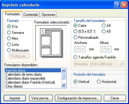 Recuadro de diálogo Imprimir calendario