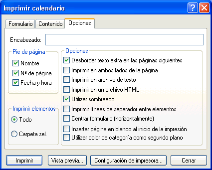 Recuadro de diálogo Imprimir calendario con la pestaña Opciones abierta