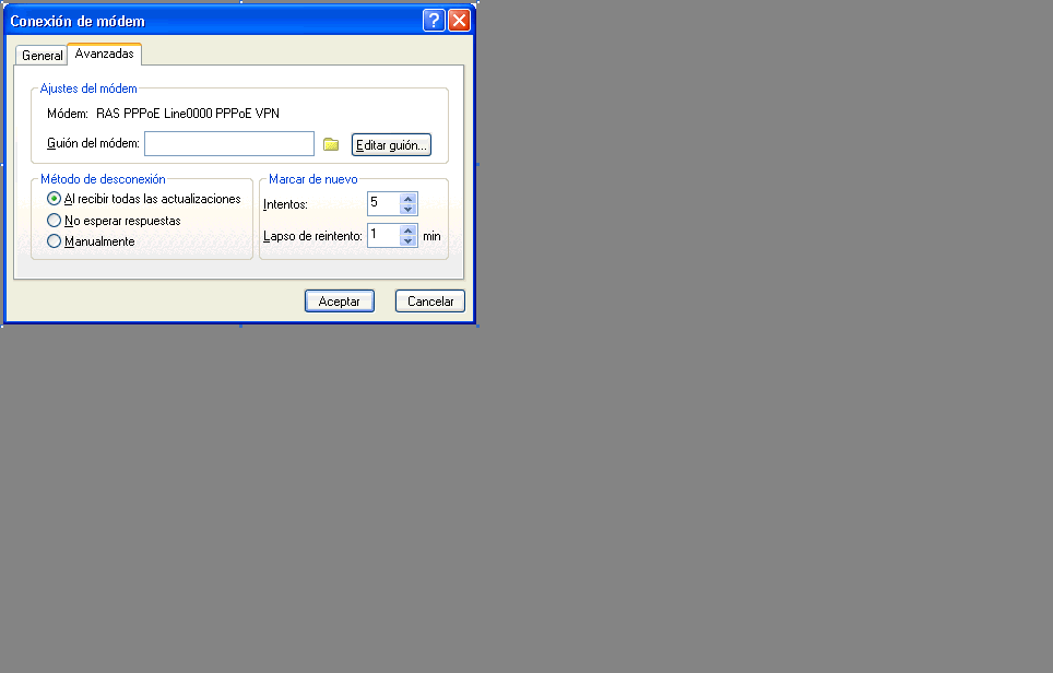 Recuadro de diálogo Conexión de módem con la pestaña Avanzadas abierta