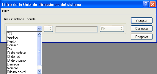 Recuadro de diálogo Filtro de la Guía de direcciones del sistema