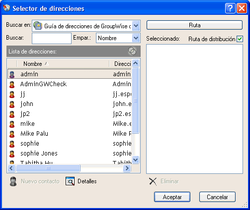 Selector de direcciones con una lista de rutas de distribución