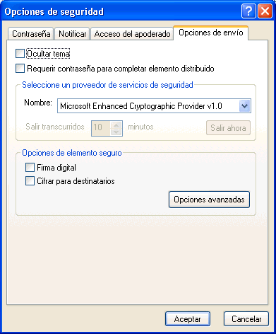 Recuadro de diálogo Seguridad con la pestaña Opciones de envío abierta