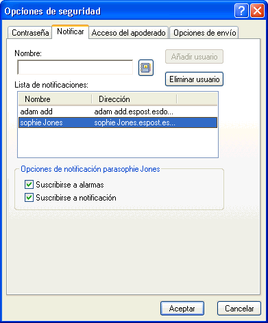Recuadro de diálogo Opciones de seguridad con la pestaña Notify abierta