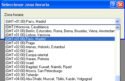 Recuadro de diálogo Seleccionar zona horaria