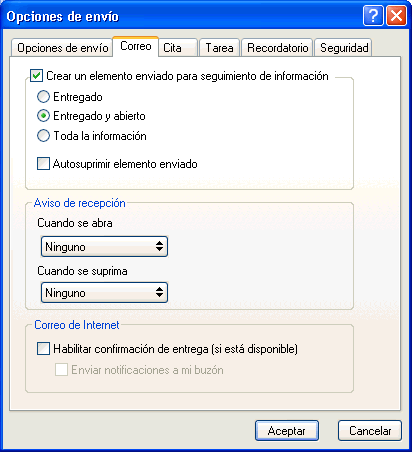 Recuadro de diálogo Opciones de envío con la pestaña Correo abierta