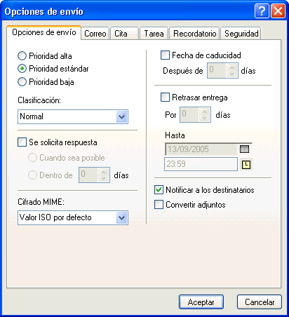 Recuadro de diálogo Opciones de envío