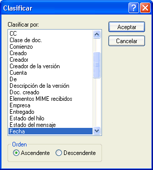 Recuadro de diálogo Clasificar