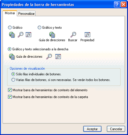 Recuadro de diálogo Propiedades de la barra de herramientas