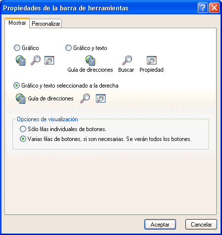 Recuadro de diálogo Propiedades de la barra de herramientas con la pestaña Mostrar abierta