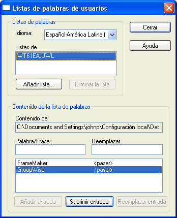 Recuadro de diálogo Listas de palabras de usuario